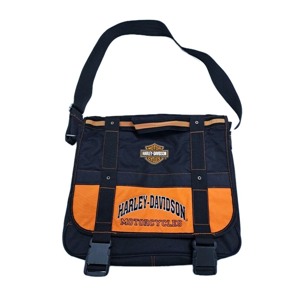 Harley Davidson Messenger Laptop Crossbody Bag Black Orange Canvas Motorcycle